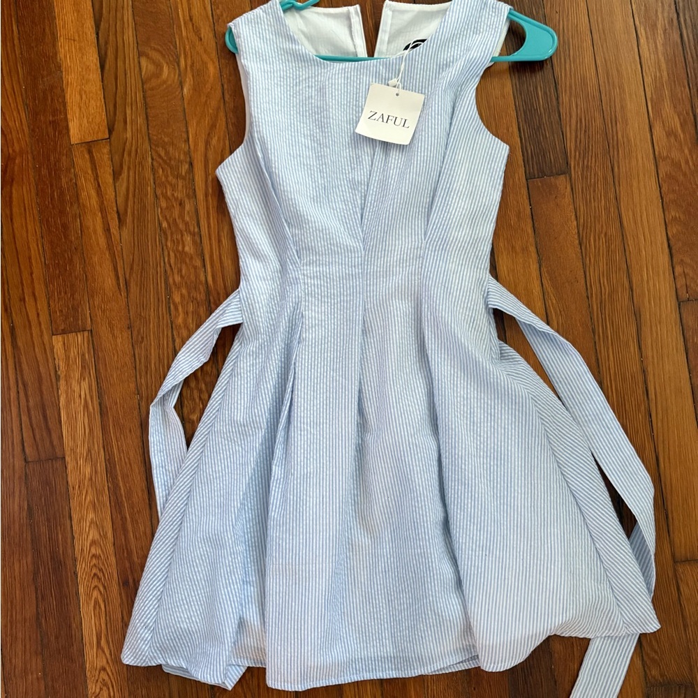 Zaful Blue Striped Dress with Waist Belt